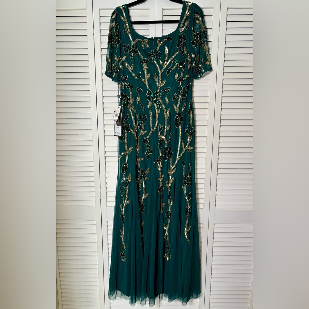 NWT Adrianna Papell Beaded Embellished Green & Gold Mesh Sequin Maxi Dress 10 - Picture 6 of 7